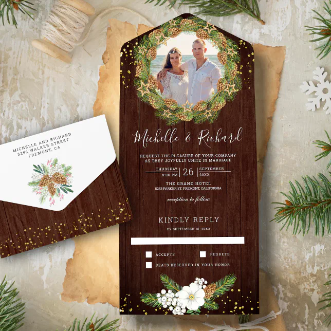 Rustic Barn Wood Pine Cone Photo Christmas Wedding All In One ...