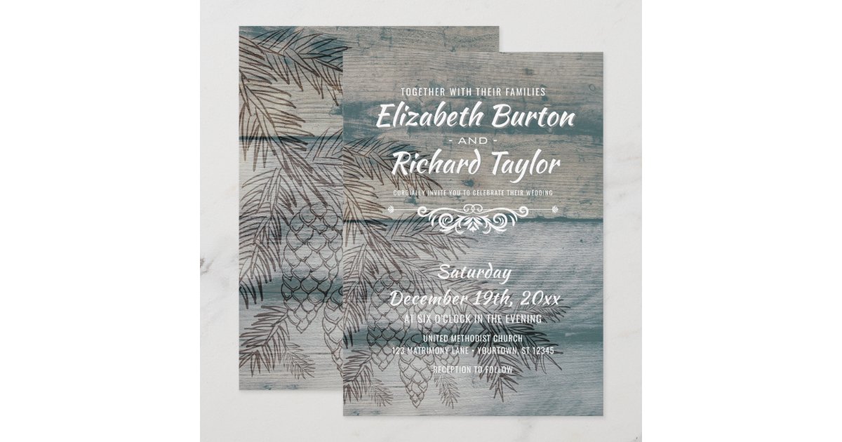 Rustic Barn Wood Pine Tree Winter Wedding Invitation | Zazzle