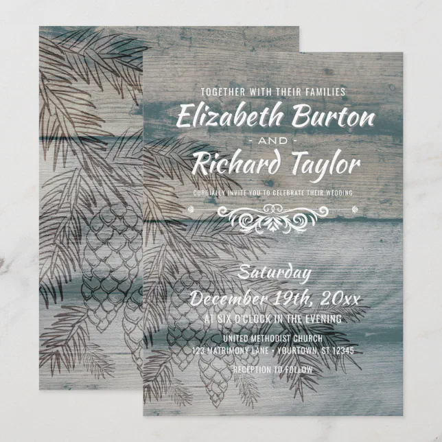 Rustic Barn Wood Pine Tree Winter Wedding Invitation | Zazzle