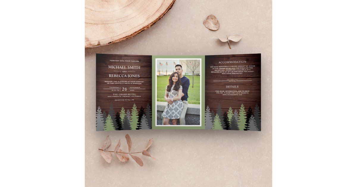 Rustic Barn Wood Pine Trees Photo Forest Wedding Tri-Fold Invitation ...