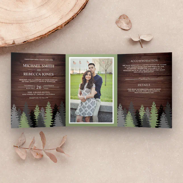 Rustic Barn Wood Pine Trees Photo Forest Wedding Tri-Fold Invitation ...