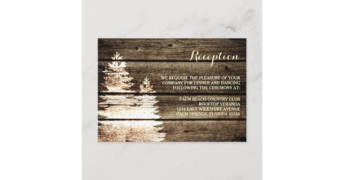 Rustic Barn Wood Pine Trees Winter Reception Card | Zazzle