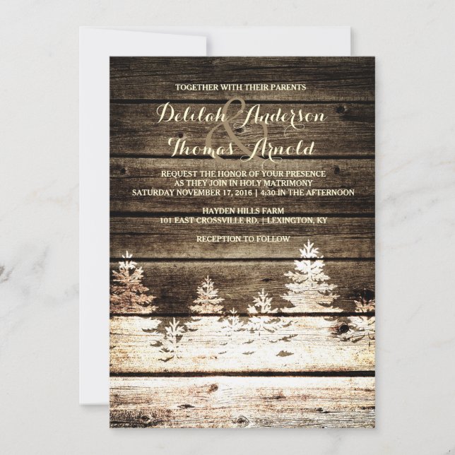 Rustic Barn Wood Pine Trees Winter Wedding Invite (Front)