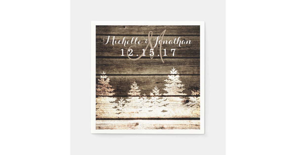 Rustic Barn Wood Pine Trees Winter Wedding Napkin | Zazzle
