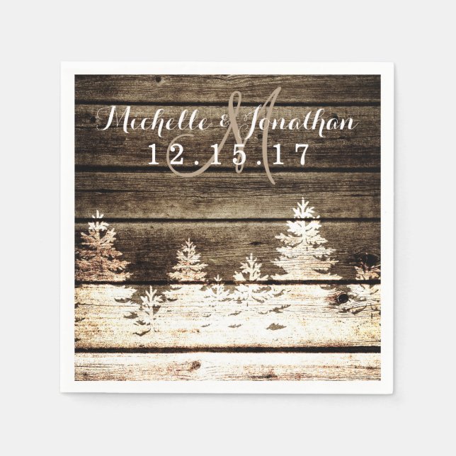 Rustic Barn Wood Pine Trees Winter Wedding Napkin (Front)
