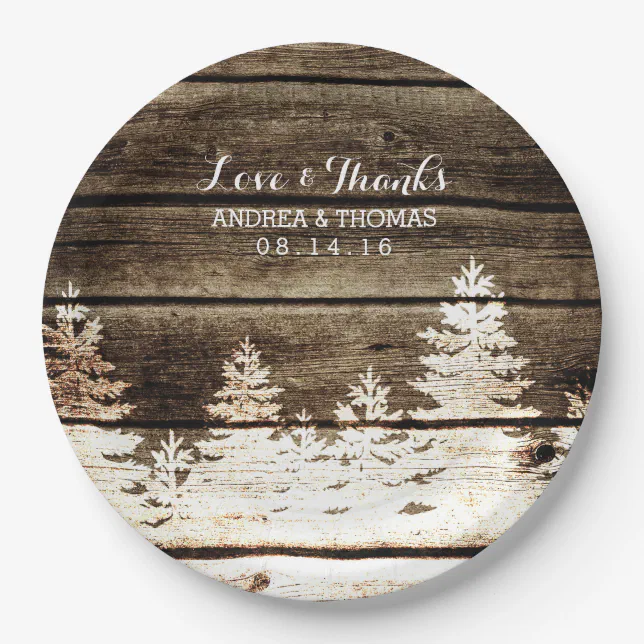 Rustic Barn Wood Pine Trees Winter Wedding Plates | Zazzle