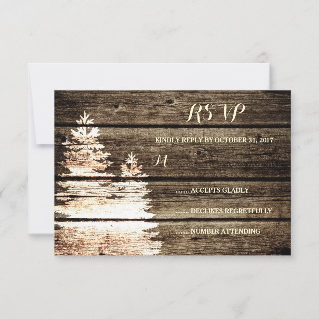Rustic Barn Wood Pine Trees Winter Wedding RSVP (Front)