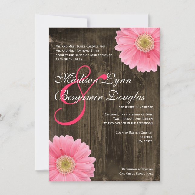 Rustic Barn Wood Pink Daisy Wedding Invitations (Front)
