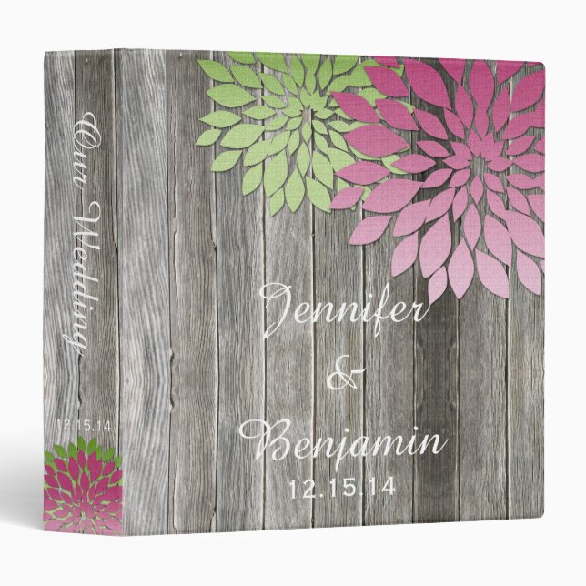 Rustic Barn Wood Pink Green Petals Wedding Album 3 Ring Binder (Front/Spine)
