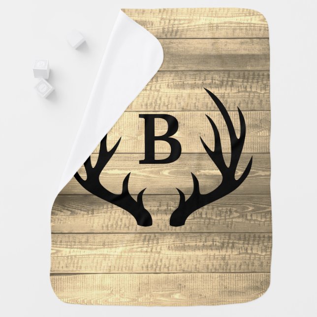 Rustic Barn Wood Planks Black Deer Antlers & Name Baby Blanket (In Situ)