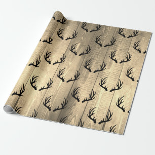 Rustic Barn Wood Planks & Black Deer Antlers Wrapping Paper