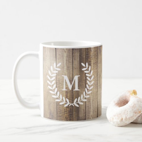 Rustic Barn Wood Planks Farmhouse Laurels Initial Coffee Mug