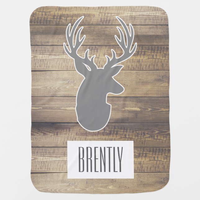 Rustic Barn Wood Planks Grey Deer Bust & Name Swaddle Blanket (Front)
