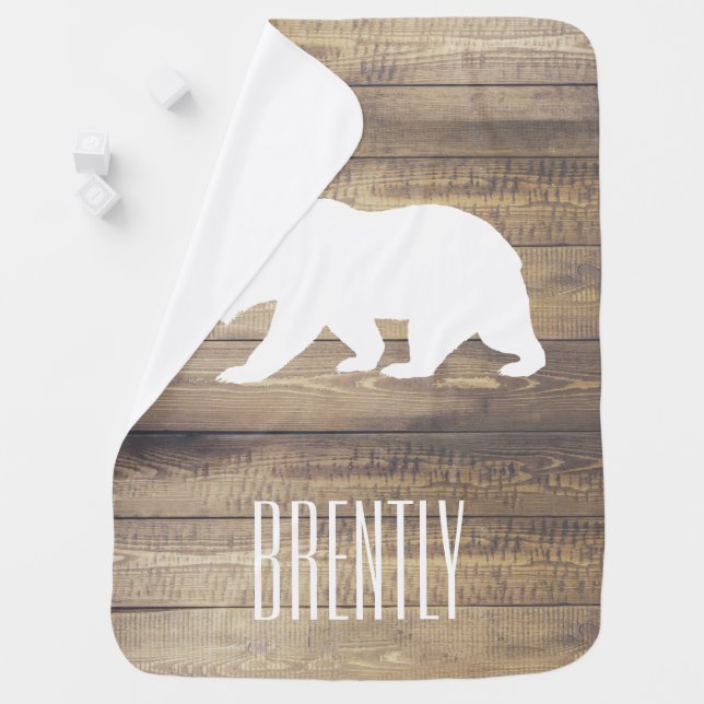 Rustic Barn Wood Planks White Bear & Name Receiving Blanket (In Situ)