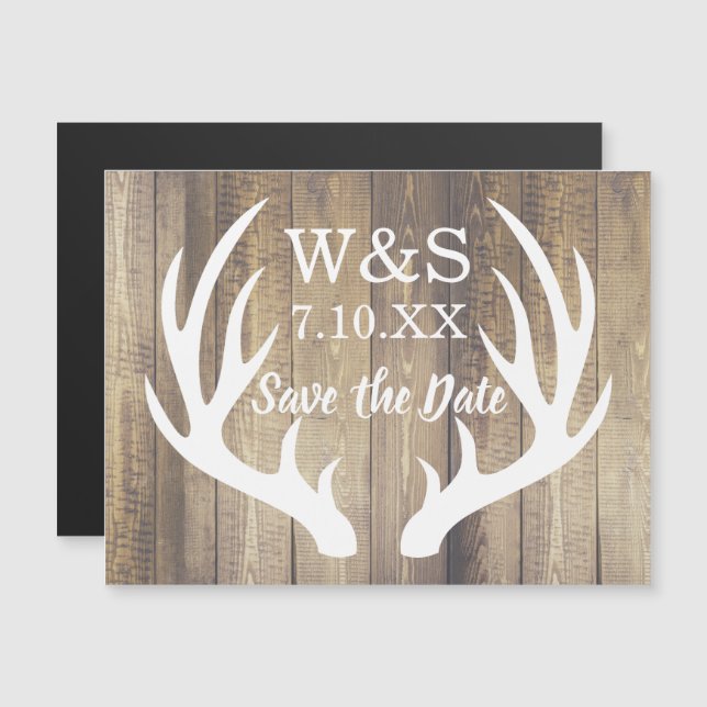 Rustic Barn Wood Planks White Deer Antlers Magnetic Invitation (Front/Back)