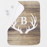 Rustic Barn Wood Planks White Deer Antlers & Name Baby Blanket