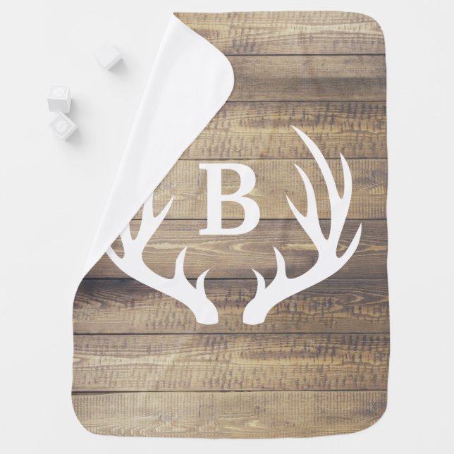Rustic Barn Wood Planks White Deer Antlers & Name Baby Blanket (In Situ)