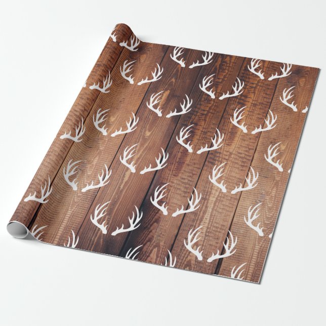 Rustic Barn Wood Planks & White Deer Antlers Wrapping Paper (Unrolled)
