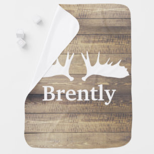 Rustic Barn Wood Planks White Moose Antlers & Name Baby Blanket