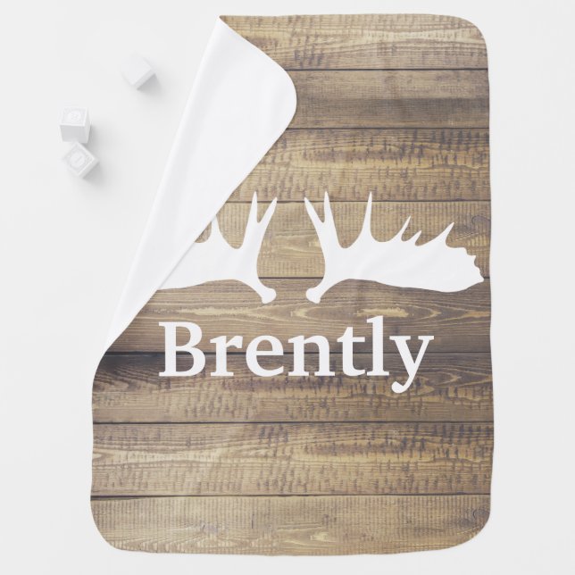 Rustic Barn Wood Planks White Moose Antlers & Name Baby Blanket (In Situ)