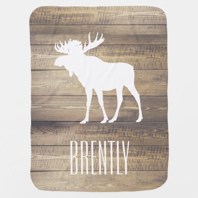 Rustic Barn Wood Planks White Moose & Name Swaddle Blanket (Front)
