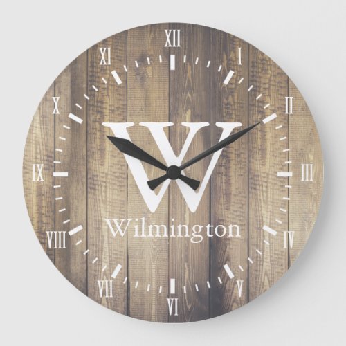 Rustic Barn Wood Planks White Roman Numerals Name Large Clock