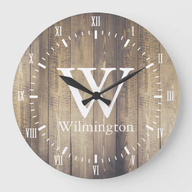 Rustic Barn Wood Planks White Roman Numerals Name Large Clock | Zazzle