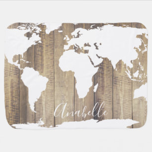 Rustic Barn Wood Planks White World Map & Name Baby Blanket