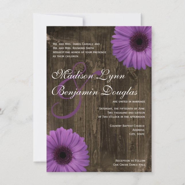 Rustic Barn Wood Purple Daisy Wedding Invitations (Front)