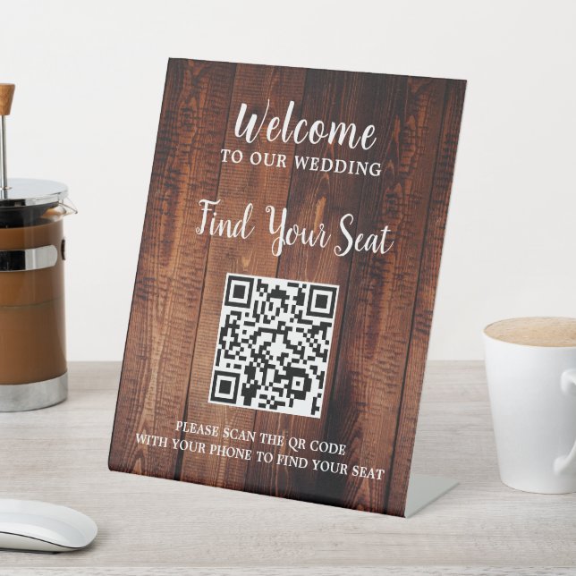Rustic barn wood QR code wedding seating Pedestal Sign (In SItu)
