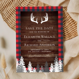 Rustic Barn Wood Red Buffalo Plaid Antlers Wedding Save The Date