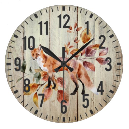 Rustic Barn Wood Red Fox Fall Foliage Large Clock