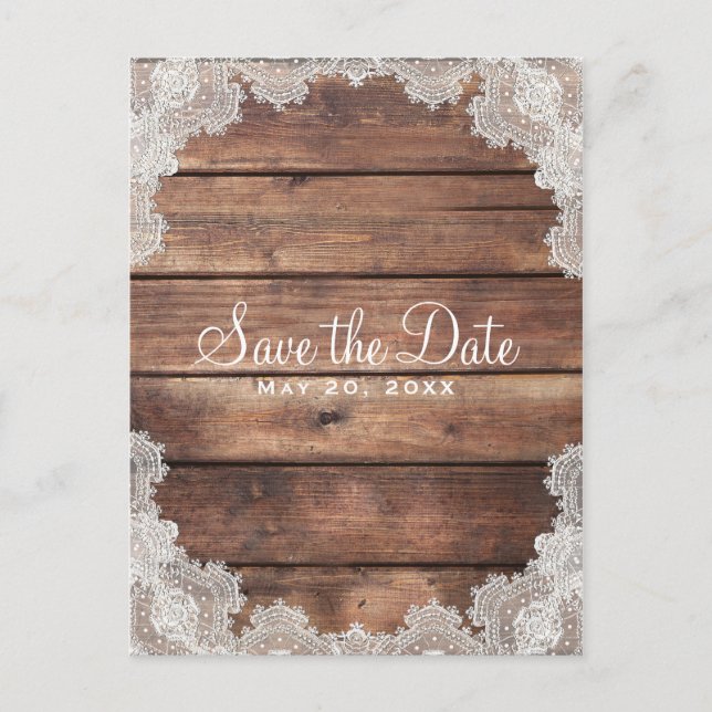 Rustic Barn Wood Romantic Lace Save the Date Announcement Postcard (Front)