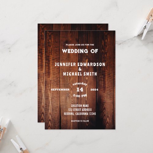 Rustic barn wood rural country wedding invitation
