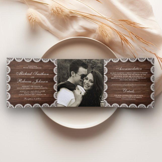 Rustic Barn Wood Scallop Lace Photo Wedding Tri-Fold Invitation (Creator Uploaded)