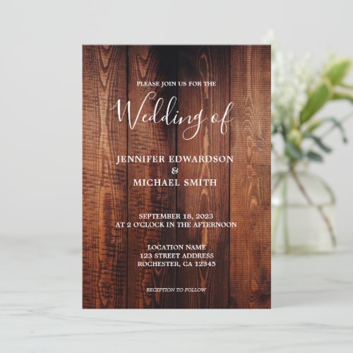 Rustic barn wood script country wedding invitation