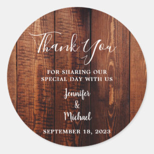 Rustic barn wood script country Wedding Thank You Classic Round Sticker