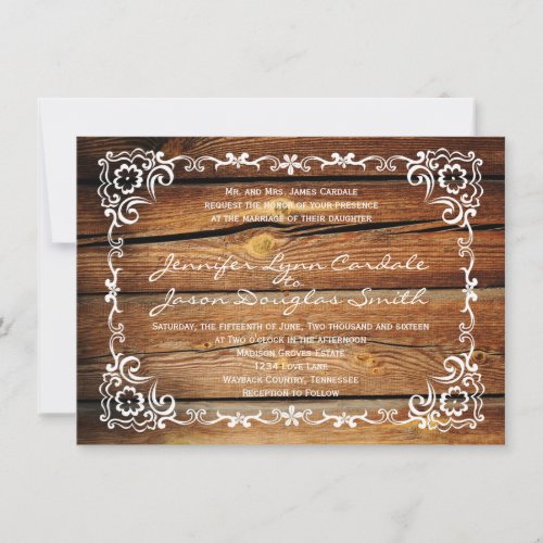 Rustic Barn Wood Scroll Frame Wedding Invitations
