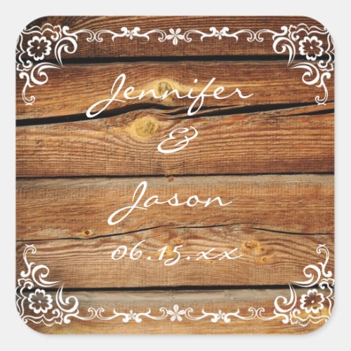 Rustic Barn Wood Scroll Frame Wedding Sticker Seal