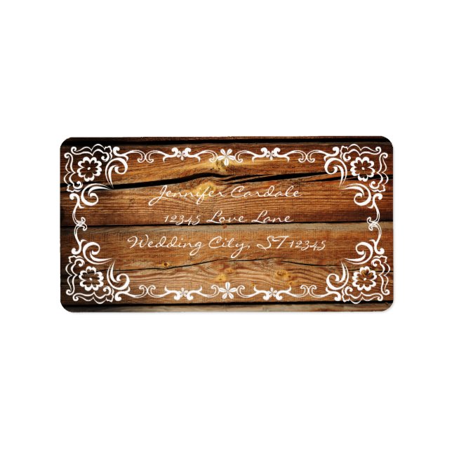 Rustic Barn Wood Scroll Wedding Address Labels (Front)