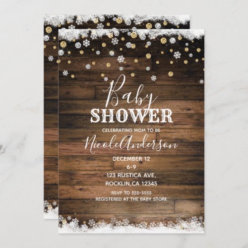 Rustic Barn Wood Silver Gold Winter Baby Shower Invitation