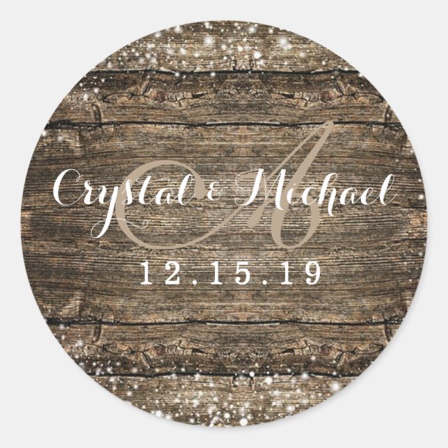 Rustic Barn Wood Snowflakes Winter Wedding Classic Round Sticker (Front)
