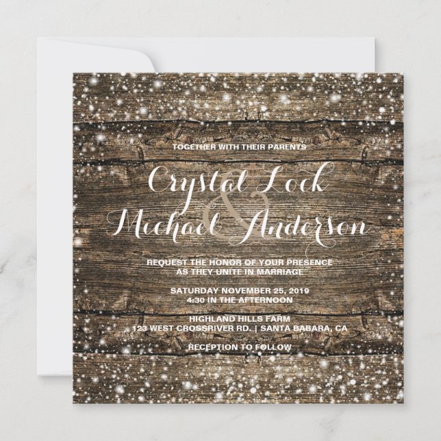 Rustic Barn Wood Snowflakes Winter Wedding Invitation (Front)