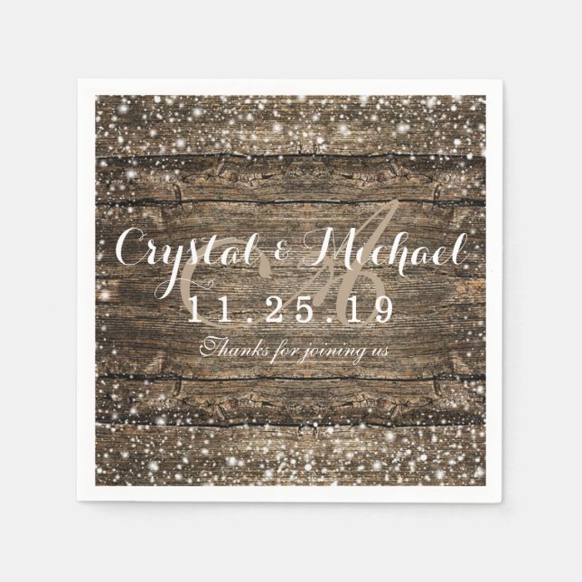 Rustic Barn Wood Snowflakes Winter Wedding Paper Napkins (Front)