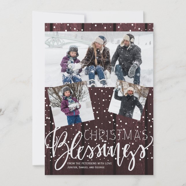 Rustic barn wood snowing Christmas blessings photo Holiday Card (Front)