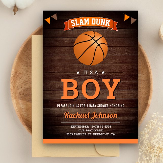 Rustic Barn Wood Sports Boy Basketball Baby Shower Invitation