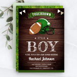 Rustic Barn Wood Sports Boy Football Baby Shower Invitation<br><div class="desc">Amaze your guests with this football theme baby shower invite featuring an american football and a sports helmet with modern typography against a rustic barn wood background. Simply add your event details on this easy-to-use template to make it a one-of-a-kind invitation. Flip the card over to reveal a beautiful green...</div>