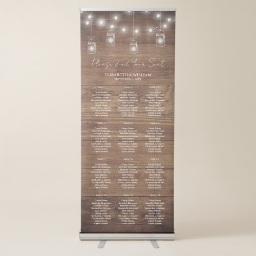 Rustic Barn Wood String Light Script Seating Chart Retractable Banner