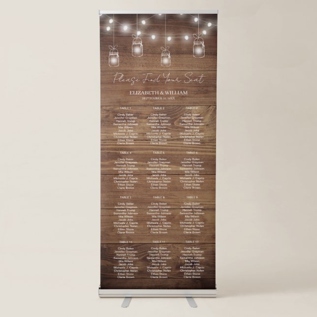 Rustic Barn Wood String Light Script Seating Chart Retractable Banner (Front)