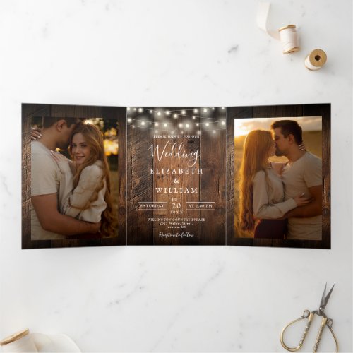 Rustic Barn Wood String Lights 3 Photo Wedding Tri-Fold Invitation
